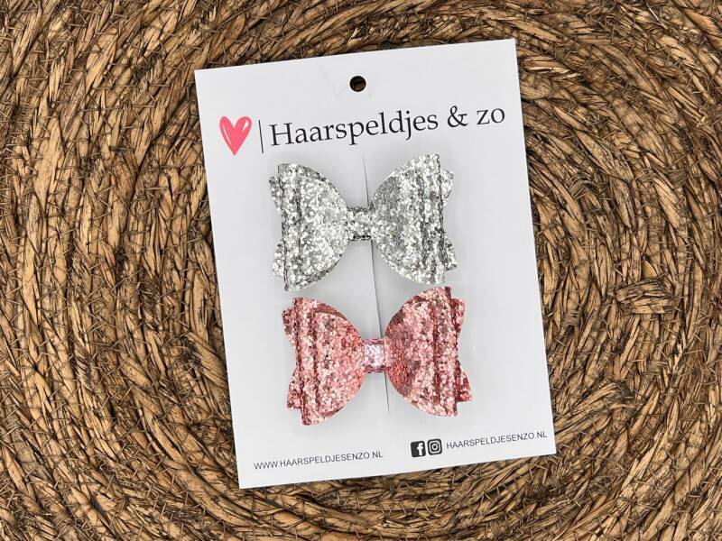 Haarstrikken - glitters - kerst - feestdagen - zilver - roze