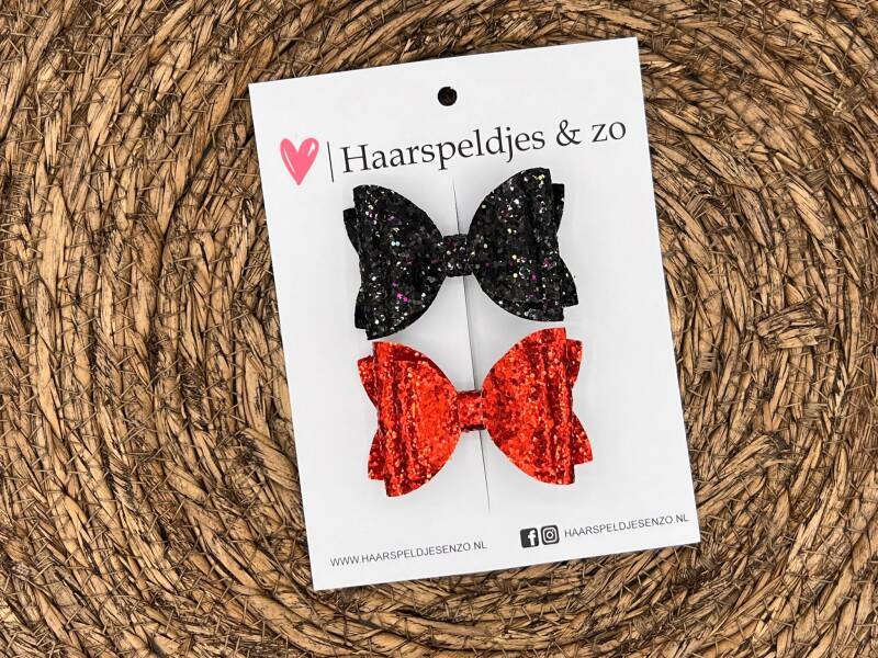 Haarstrikken - glitters - kerst - feestdagen - zwart - rood