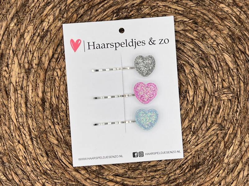Bobby pin set 7 - schuifspeldje - haarspeldje - haarschuifje - kerst - glitters - zilver - roze - lichtblauw - hartjes