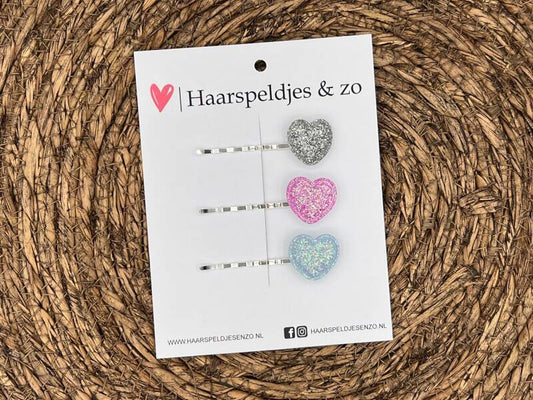 Bobby pin set 7 - schuifspeldje - haarspeldje - haarschuifje - kerst - glitters - zilver - roze - lichtblauw - hartjes