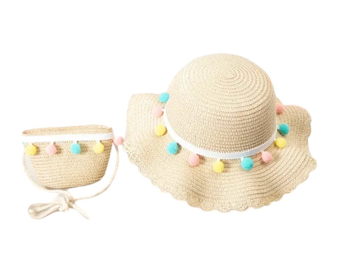 Zomerhoed stro - meisjes - mode - kinderen - zomer - beige hoed met gekleurde pompons eraan
