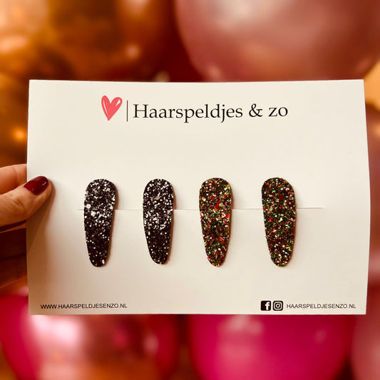 Lot de 5 pinces à cheveux Lott - grosses paillettes - pince clic-clac - noir - rouge/vert - Noël - fêtes - pinces de 5 cm