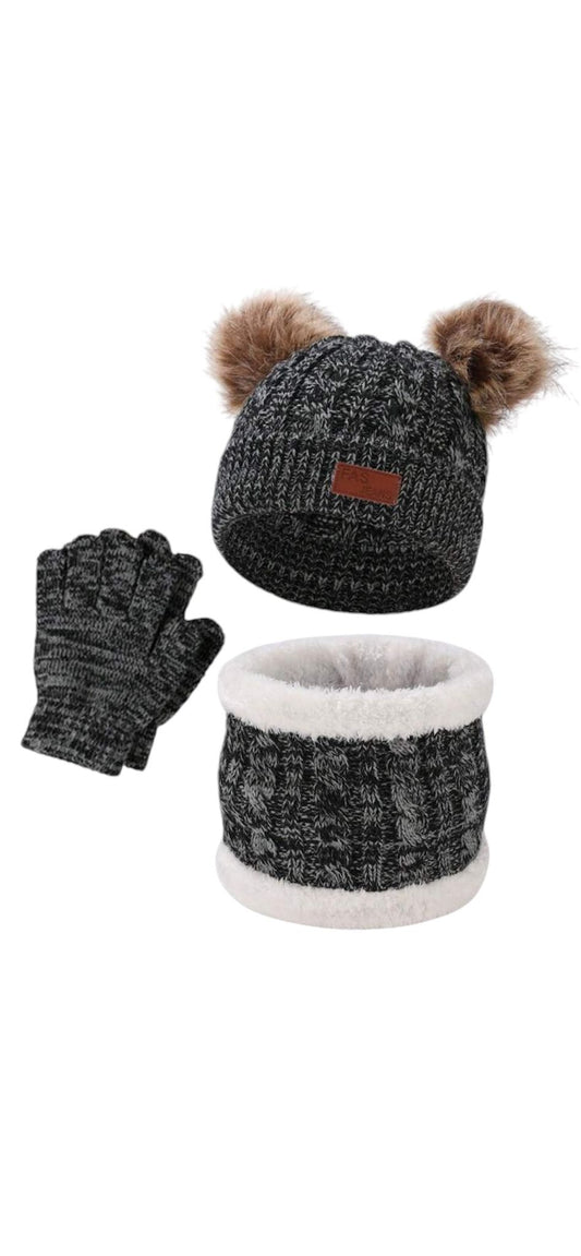 Muts, sjaal en handschoenen - grijs/zwart - met twee grote pompons - kind - peuter - kleuter