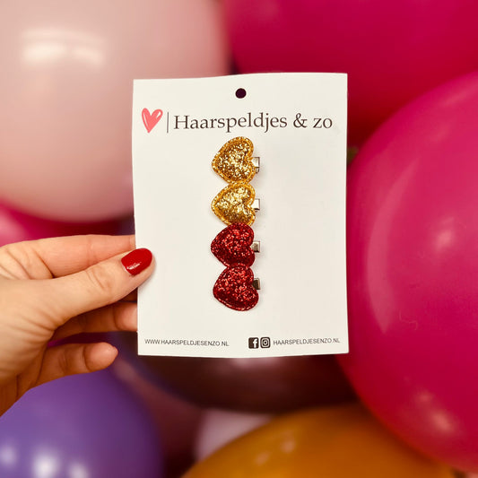 Mini pinces à cheveux pour bébé - lot de 16 - mini - 2 cm - pour les premières mèches - pince crocodile - cœurs - paillettes - Noël - fêtes - rouge/or