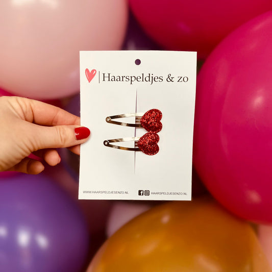 Hair clip 'Hearts' - heart - appliqué - heart - glitter - red - Christmas - holidays - 5 cm clips