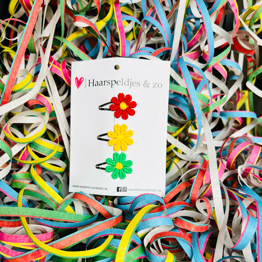 Rood/geel/groen (rode/gele/groene) madeliefjes op klikklakspeldjes - carnaval - haaraccessoires — 3 cm speldjes