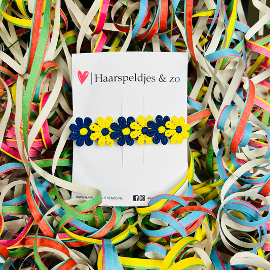 Blauw/geel (gele) madeliefjes op French Barrette - carnaval - haaraccessoires