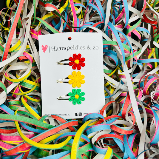 Rood/geel/groen (rode/gele/groene) madeliefjes op klikklakspeldjes - carnaval - haaraccessoires — 4 cm speldjes