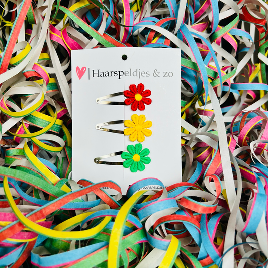 Rood/geel/groen (rode/gele/groene) madeliefjes op klikklakspeldjes - carnaval - haaraccessoires — 5 cm speldjes