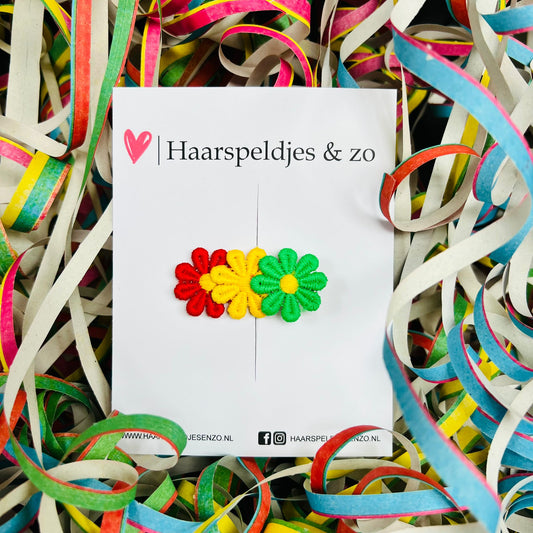 rood/geel/groen (rode/gele/groene) madeliefjes op alligatorclip (klein) - carnaval - haaraccessoires