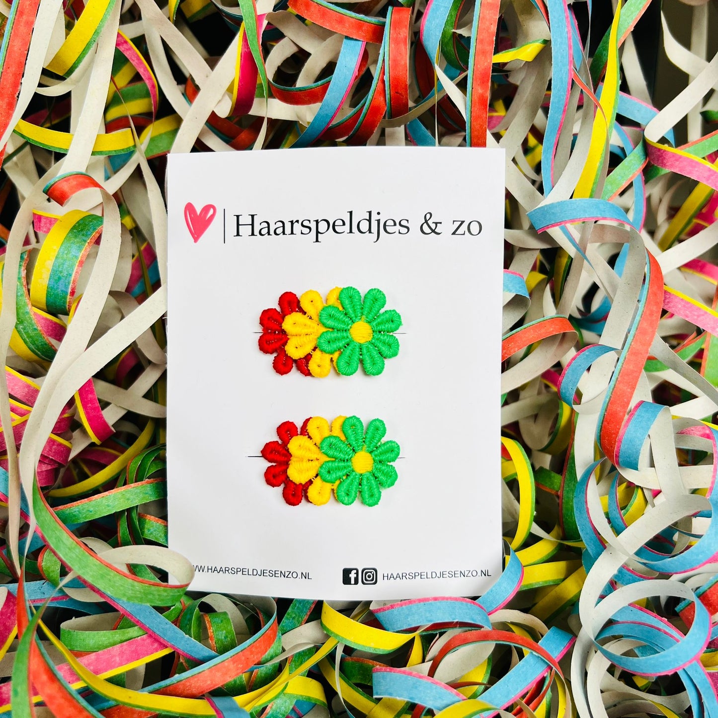 Accessoires pour cheveux – bébés – filles – Marguerites rouges, jaunes et vertes sur pince – motif carnaval antidérapant