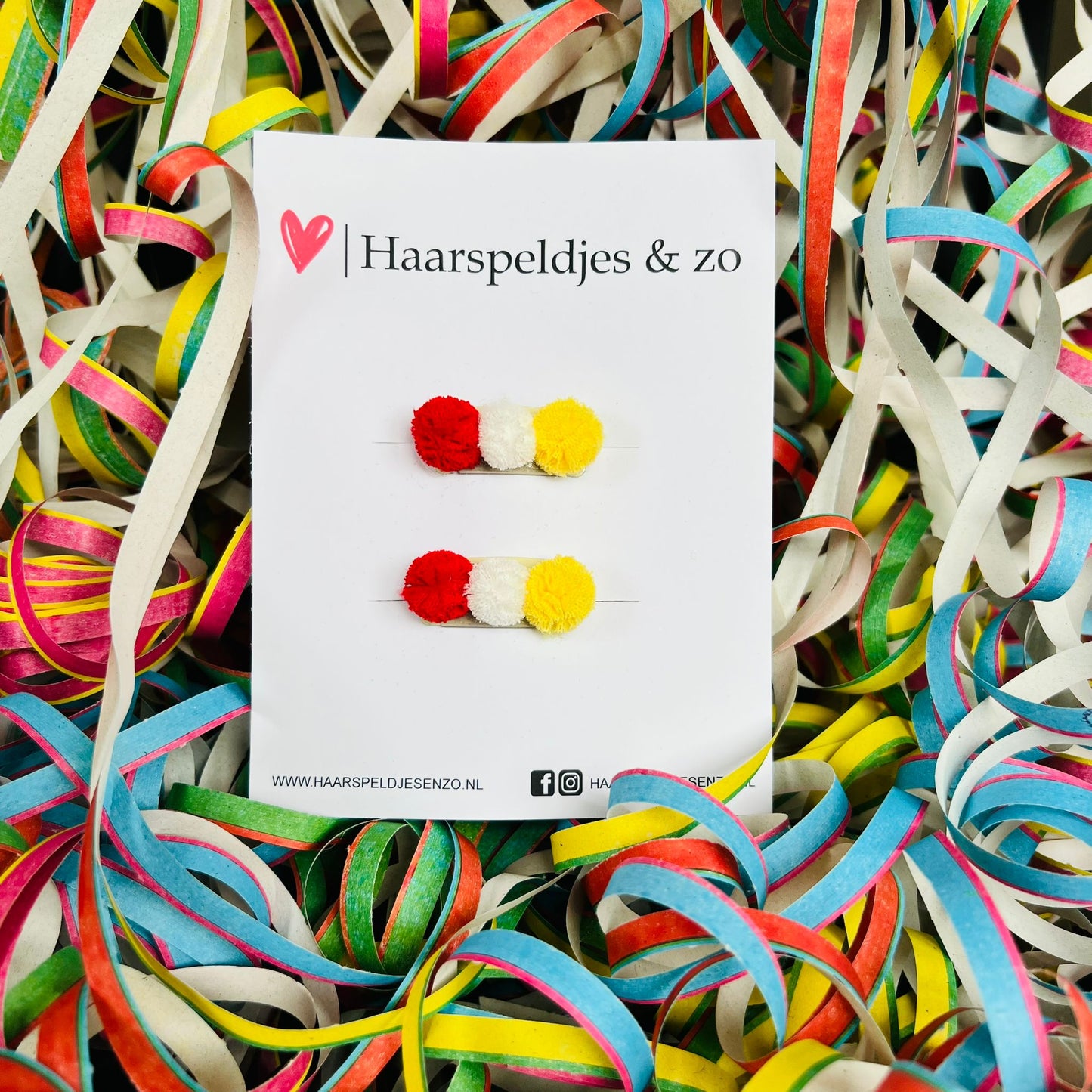 Pompons antidérapants pour carnaval – Oeteldonk – rouges/blancs/jaunes sur pince – accessoires pour cheveux – bébés – filles