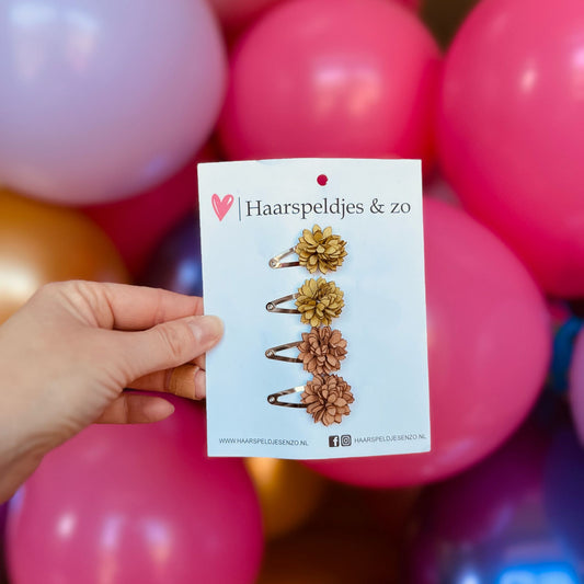 Haarspeldje Leather flower - leren bloemetjes - 3 cm speldjes - groen/bruin