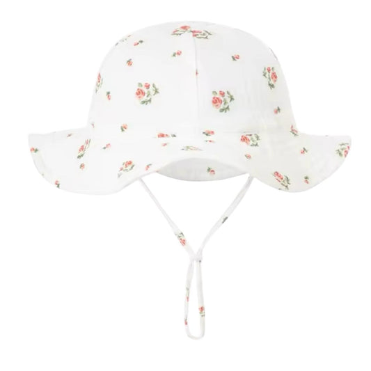 Zomerhoed baby - dreumes - meisje - jongen - zonnehoed - zomer - hydrofiele stof - katoen - wit met bloemetjes