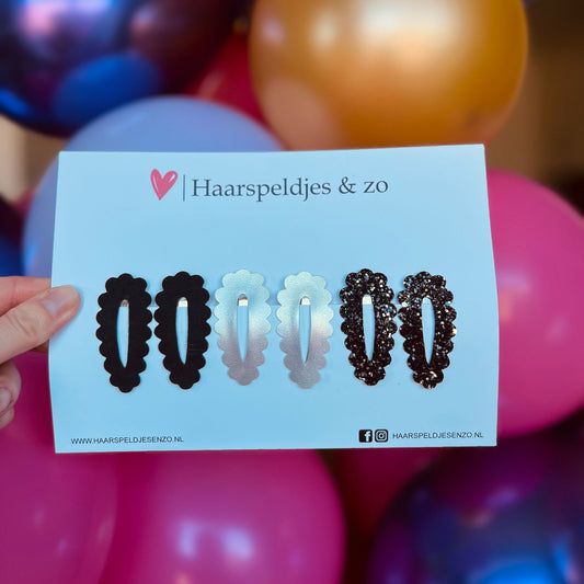 Haarspeldje Noor - golvend - open - setje - zwart - zilver - 3 cm speldjes
