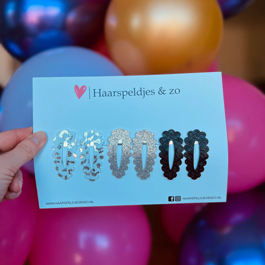 Haarspeldje Noor - golvend - open - setje - wit - zilver - zwart - 3 cm speldjes