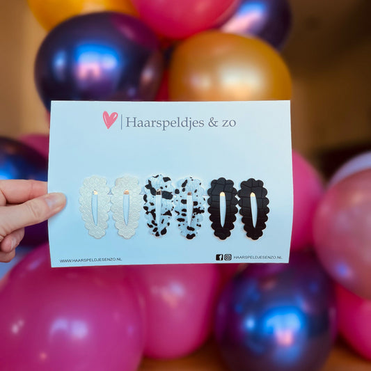 Haarspeldje Noor - golvend - open - setje - wit - zwart - 3 cm speldjes