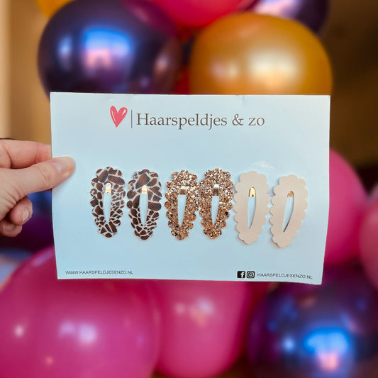 Haarspeldje Noor - golvend - open - setje - bruin - crème - 5 cm speldjes