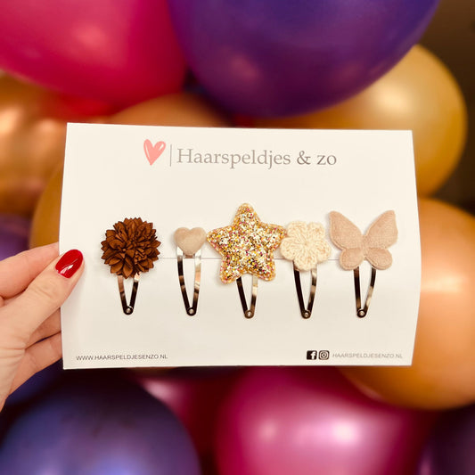 Try-out mix - application - mix of different pins - flowers - 5 cm pins - Christmas - holidays - glitter - shiny - beige/brown