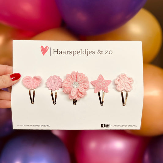 Try-out mix - application mix of different pins - flowers - 4 cm pins - Christmas - holidays - glitter - shiny - pink
