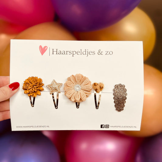 Mix d'essai - application - mélange de différentes épingles - petites fleurs - épingles de 4 cm - Noël - fêtes - paillettes - brillant - kaki/marron