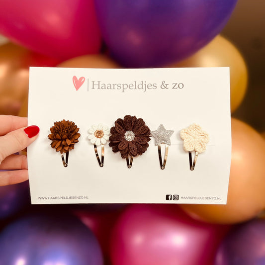 Mélange d'essai - application - mélange de différentes épingles - petites fleurs - épingles de 4 cm - Noël - fêtes - paillettes - brillant - beige/marron