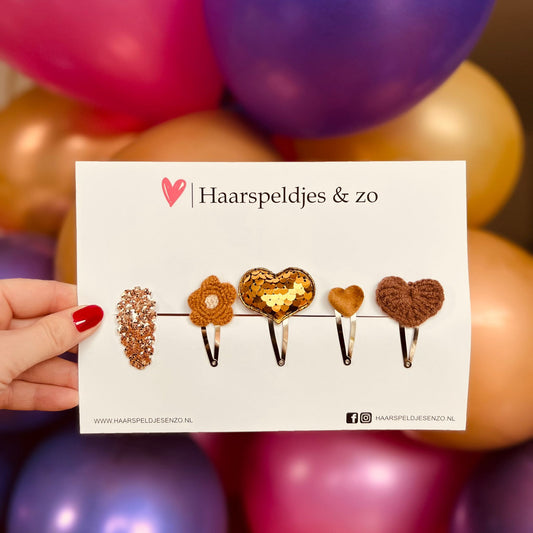 Mélange d'essai - application - mélange de différentes épingles - petites fleurs - épingles de 4 cm - Noël - fêtes - paillettes - brillant - or/marron