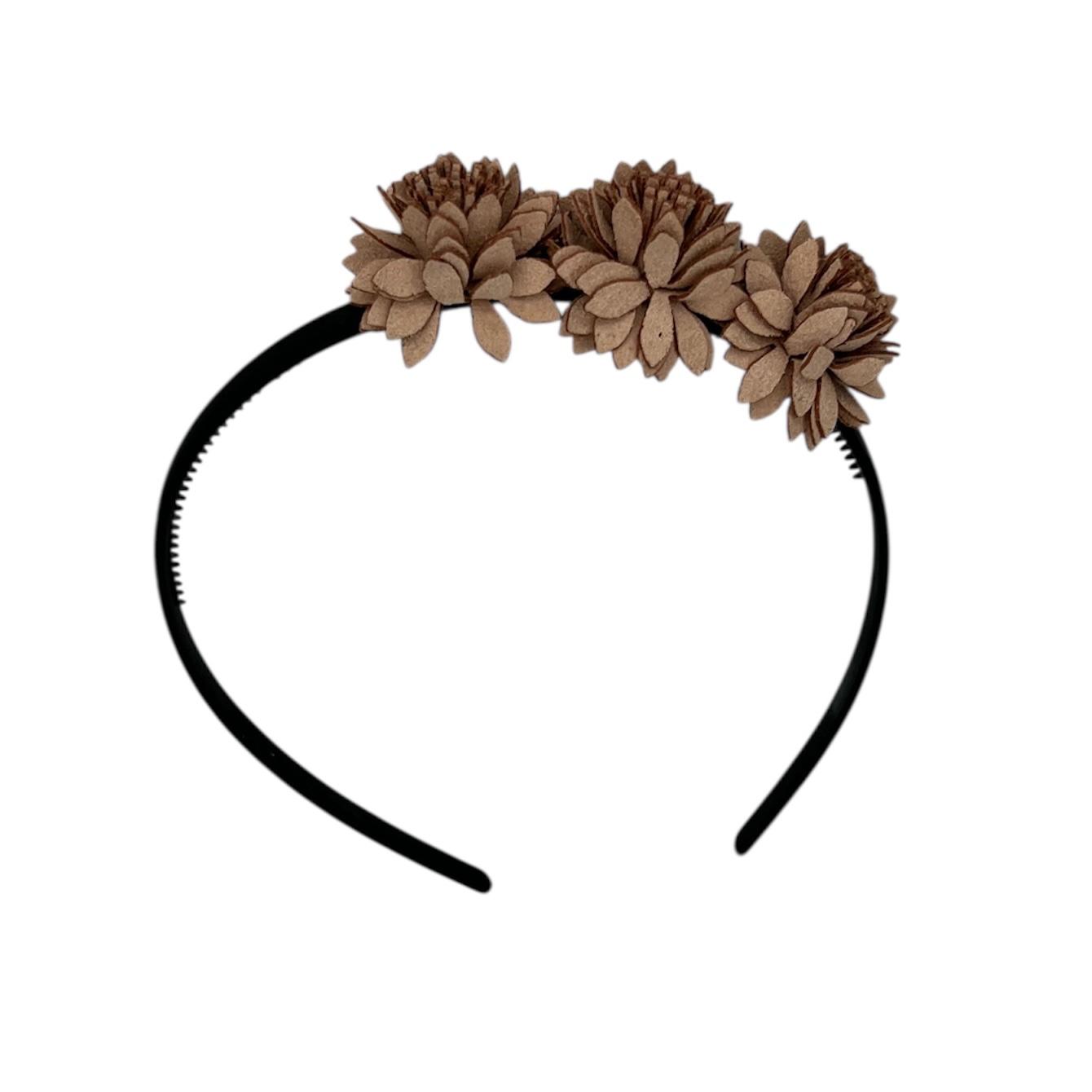 Diadeem flower - leren bloemetjes - khaki kleur diadeem - bruin