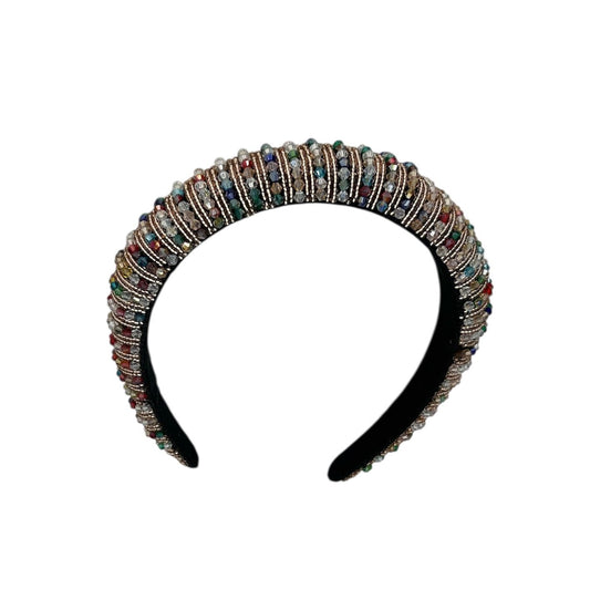 Diadème - bandeau - à la mode - accessoire pour cheveux - enfants - adultes - Noël - fêtes - perles - paillettes - brillant - taupe avec perles multicolores