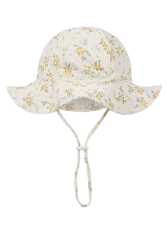 Zomerhoed baby - dreumes - meisje - jongen - zonnehoed - zomer - hydrofiele stof - katoen - beige met bloemetjes