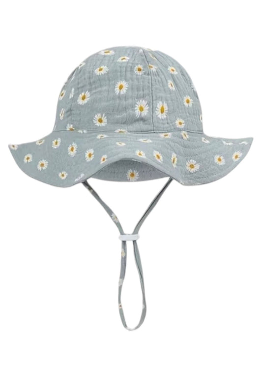 Zomerhoed baby - dreumes - meisje - jongen - zonnehoed - zomer - hydrofiele stof - katoen - blauw/groen met bloemen