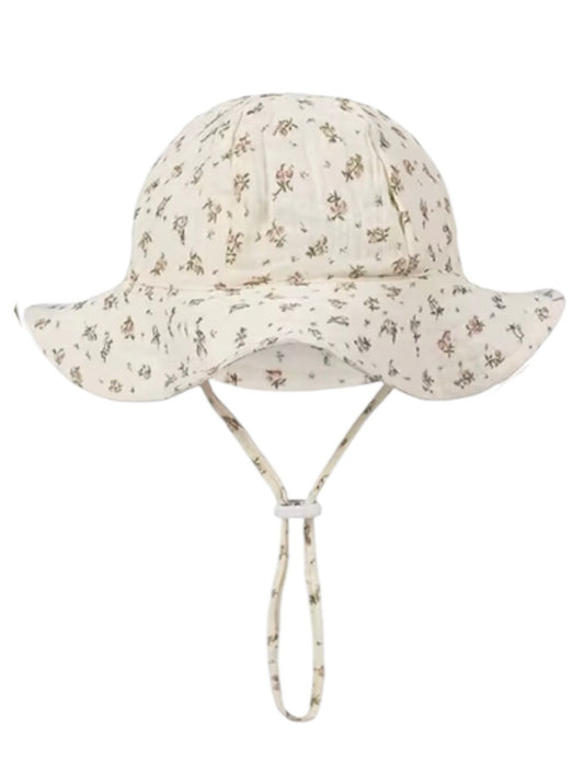 Zomerhoed baby - dreumes - meisje - jongen - zonnehoed - zomer - hydrofiele stof - katoen - beige met bloemetjes