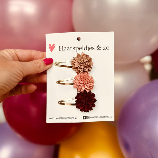 Hair clips Blossom - flowers in bloom - pink/lilac/purple/red - 5 cm clips - beige/black